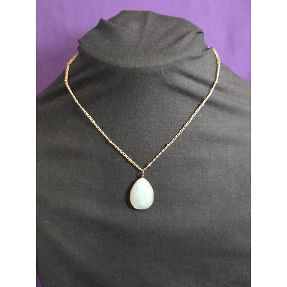 Light Blue Stone Teardrop Pendant Necklace On Gold Tone Satellite Station Chain - Picture 7 of 8